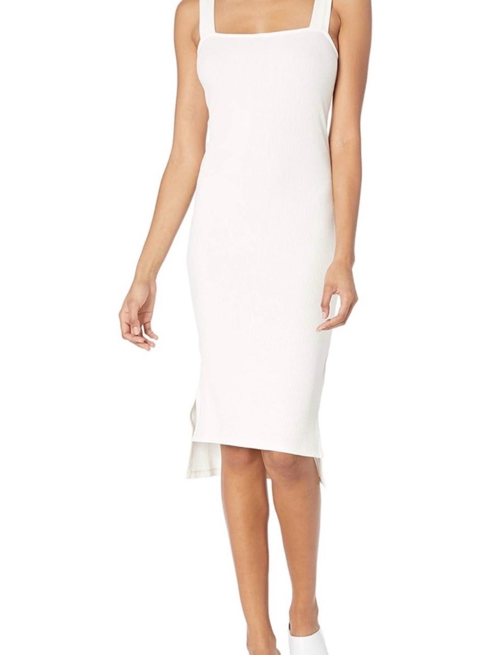 Sleeveless Square Neck White Ribbed Midi Dress Size M